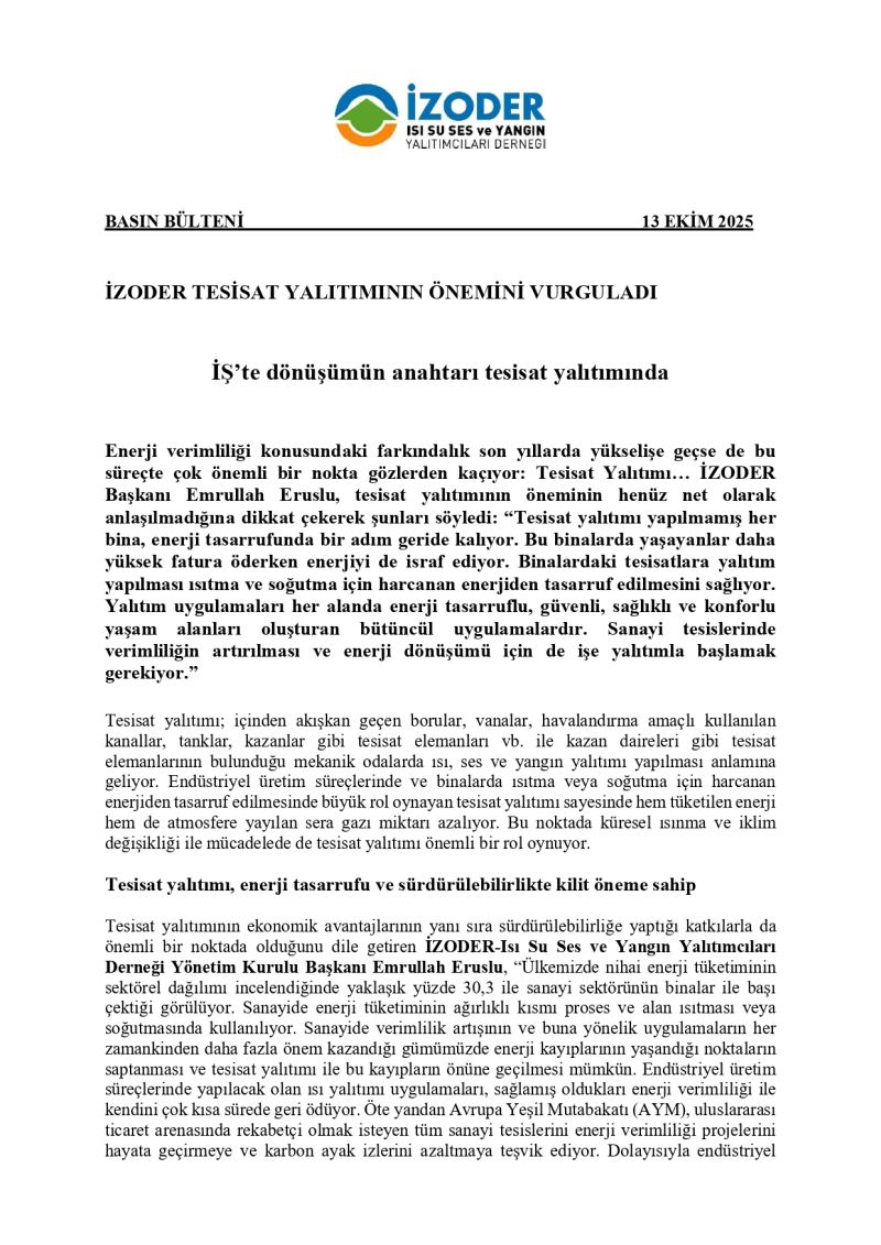 Tesisat Yalıtımı Önemi Basın Bülteni