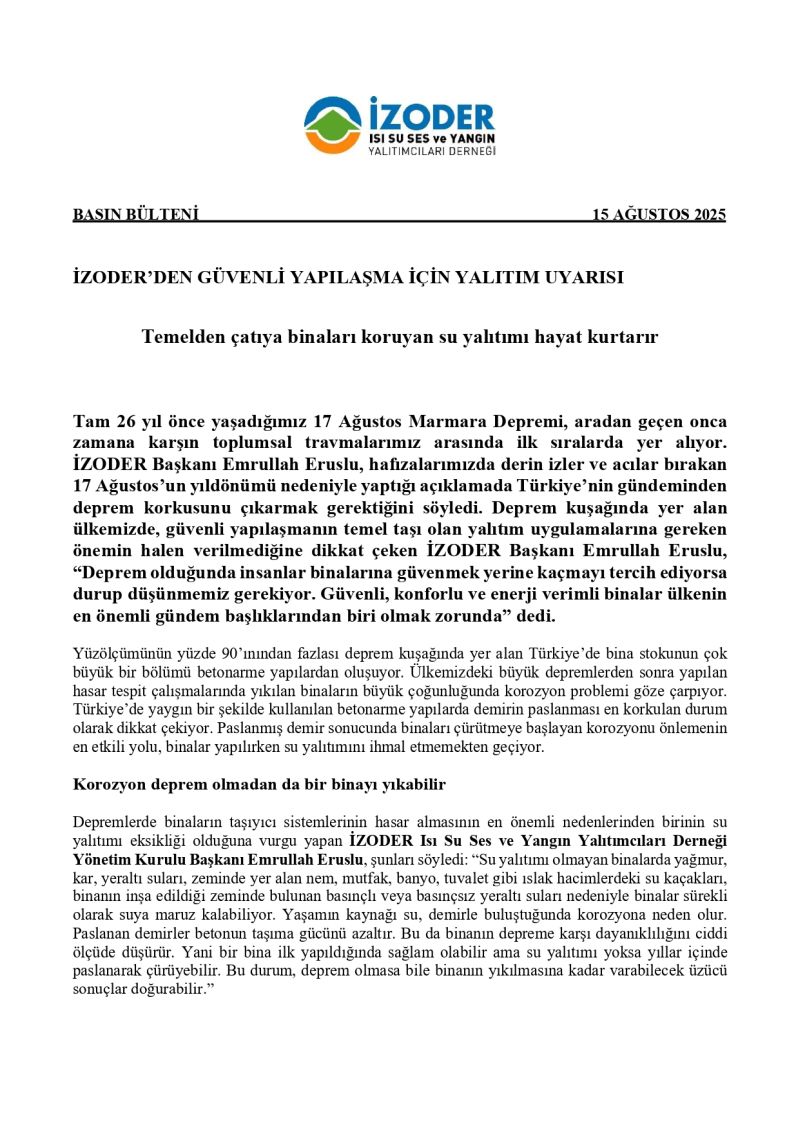 17 Ağustos Depremi Yıl Dönümü Basın Bülten
