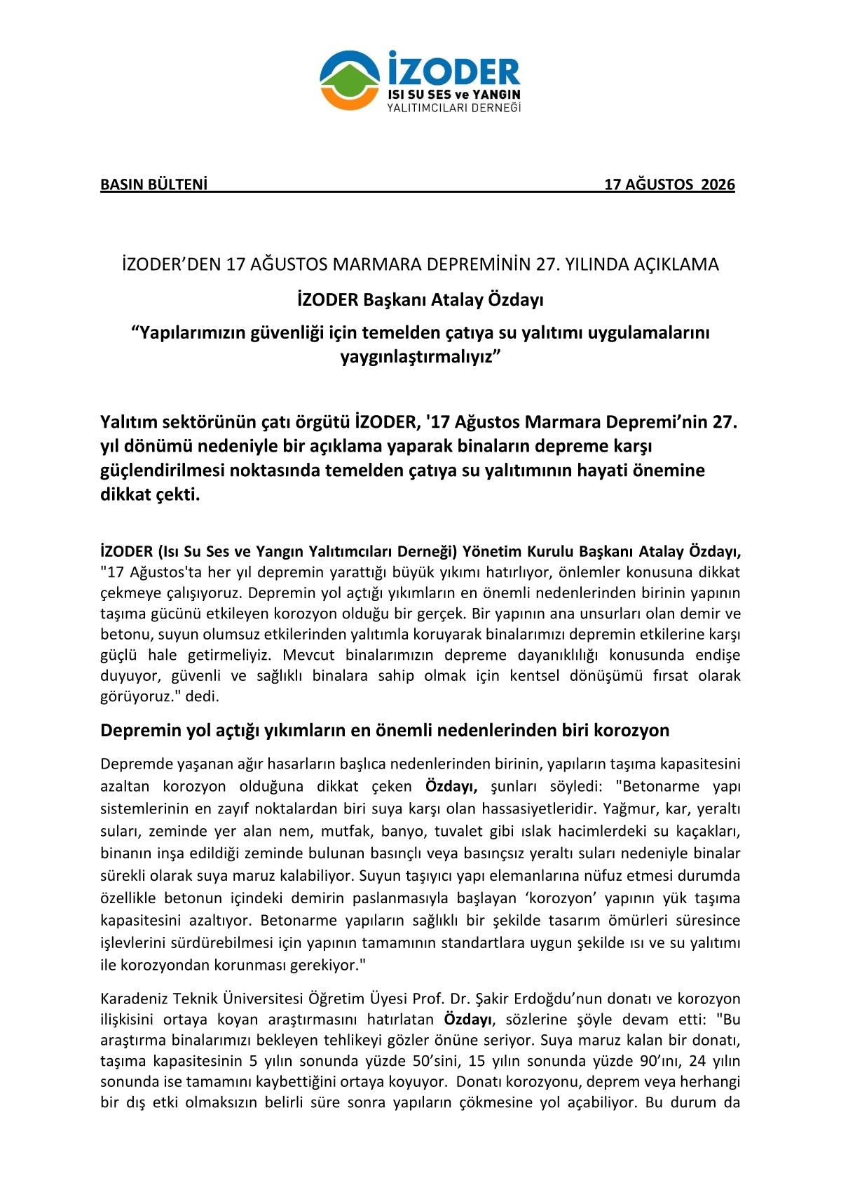 İzoder 17 Ağustos Depremi Bülteni