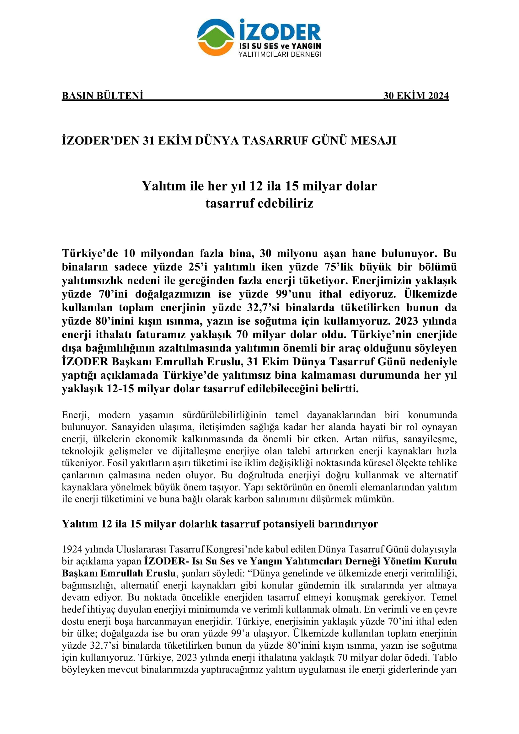 Dünya Tasarruf Günü Bülteni