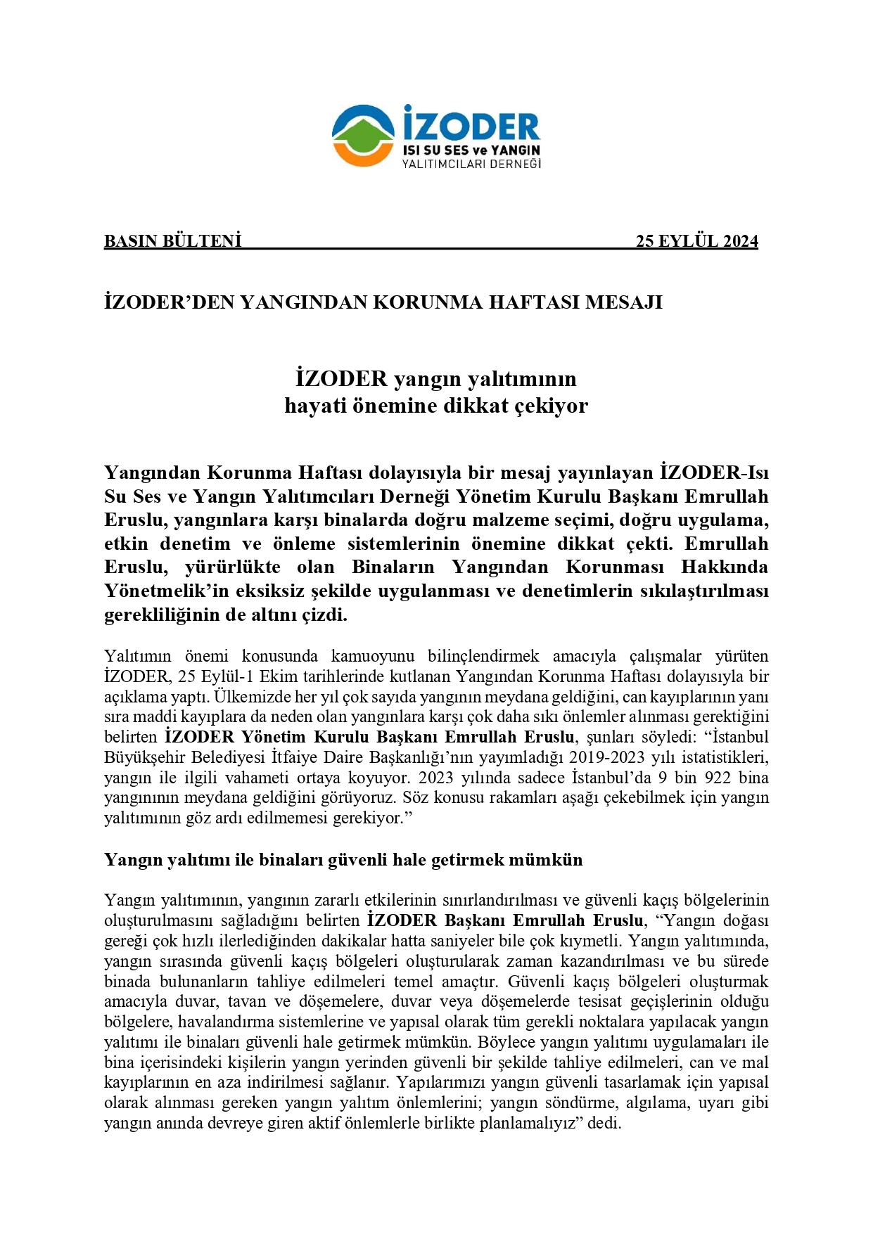 Yangından Korunma Haftası Basın Bülteni