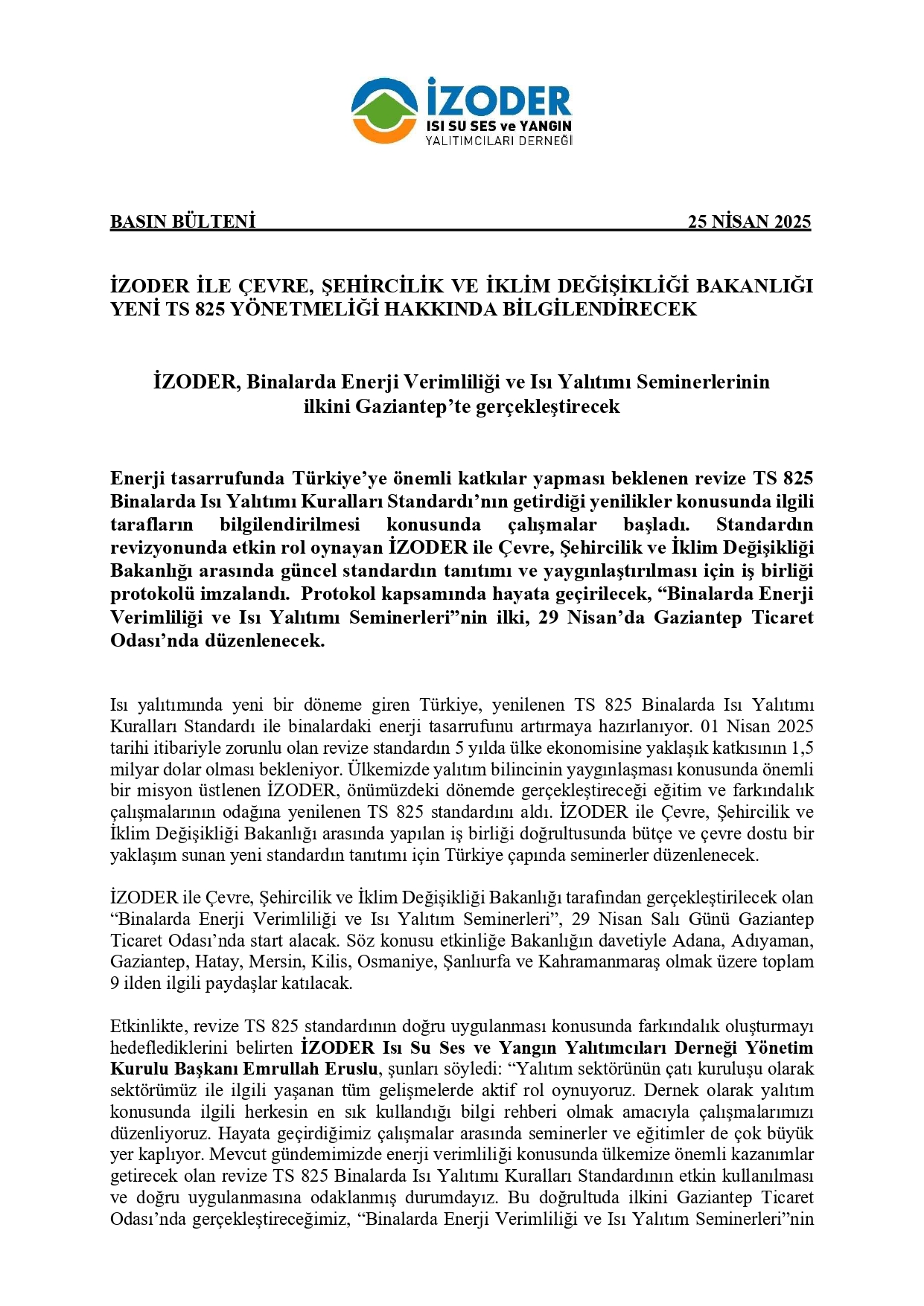 Binalarda Enerji Verimliliği ve Isı Yalıtımı Gaziantep Semineri