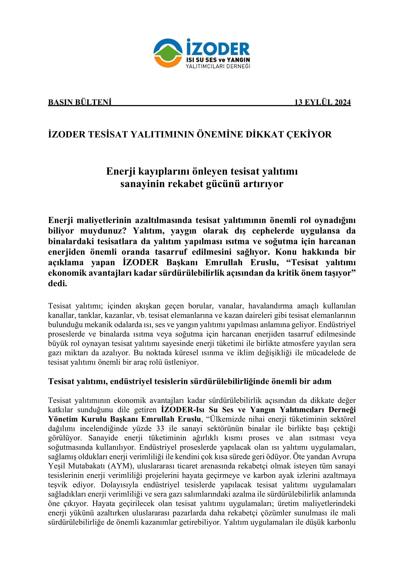 Tesisat Yalıtımı Önemi Basın Bülteni