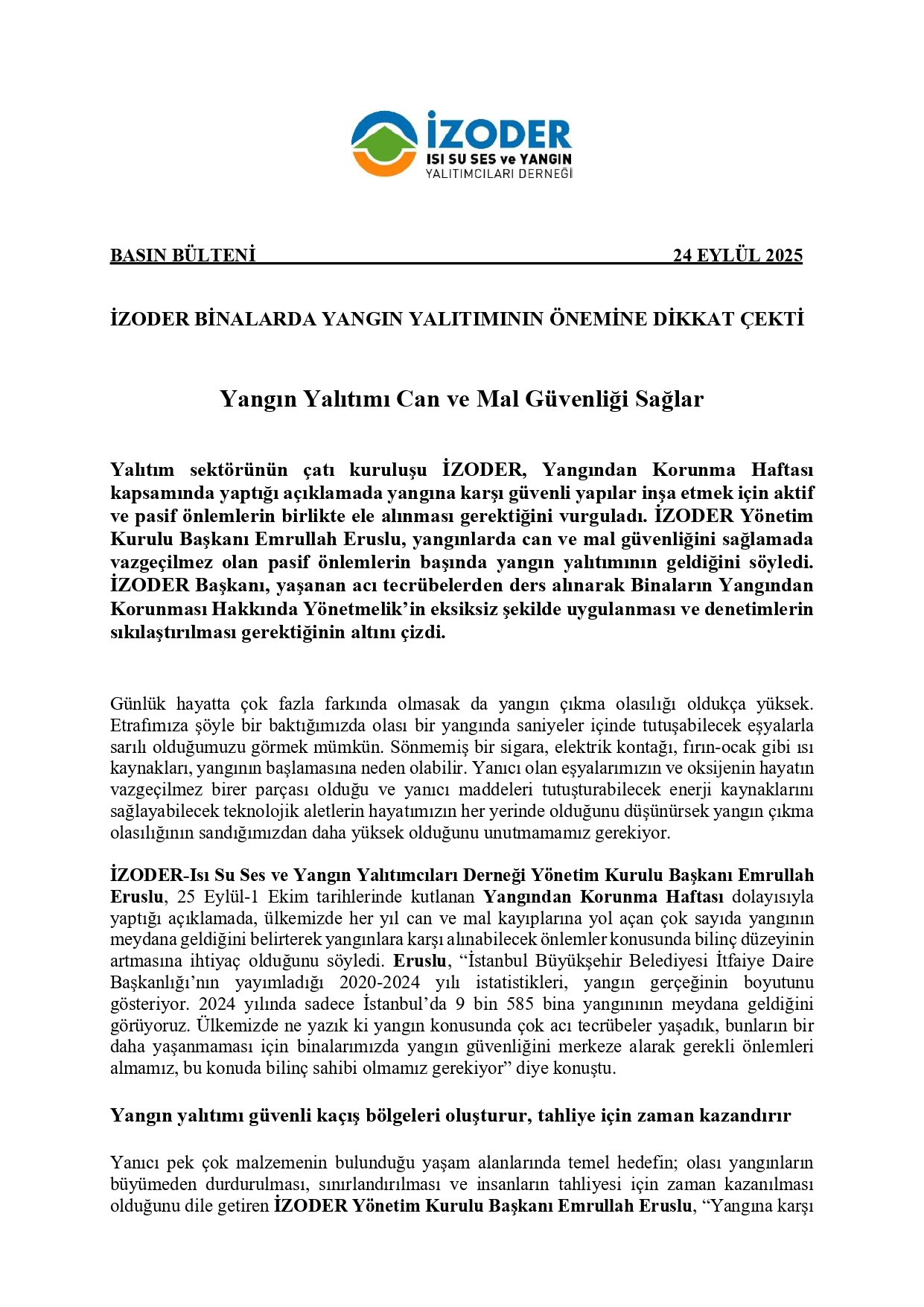 Yangından Korunma Haftası Basın Bülteni